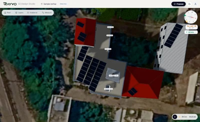 RAYVO 3D Design Studio: top view of a sample house with a flat terrace, parapet, water tank and stair room, solar panel tables on the terrace and pitched roofs